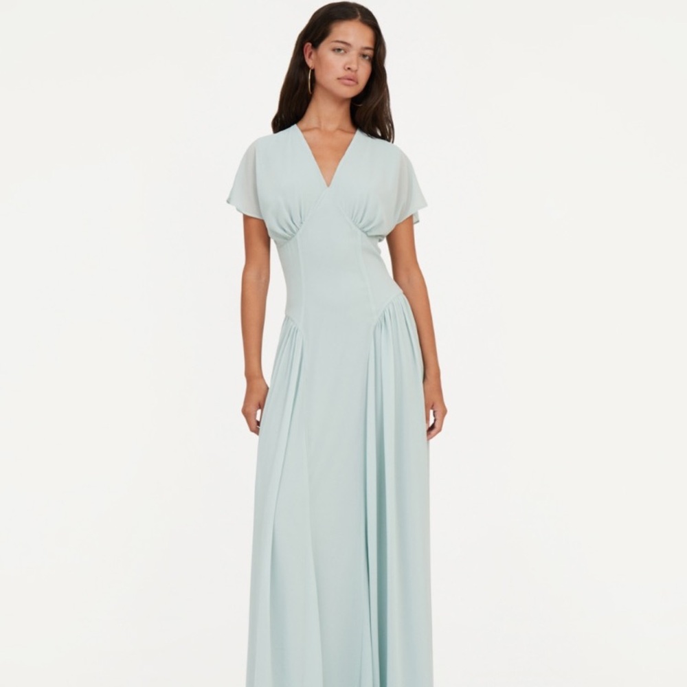Blue Wrap Maxi Dress with Flutter Sleeves and V-Neck for Weddings